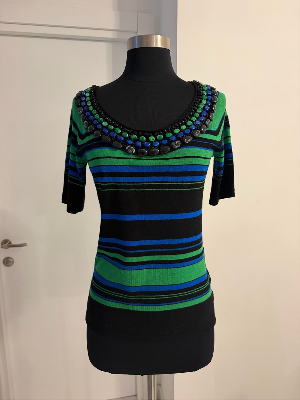 Beaded Neckline Striped Short-Sleeve Top in Green/Blue/Black